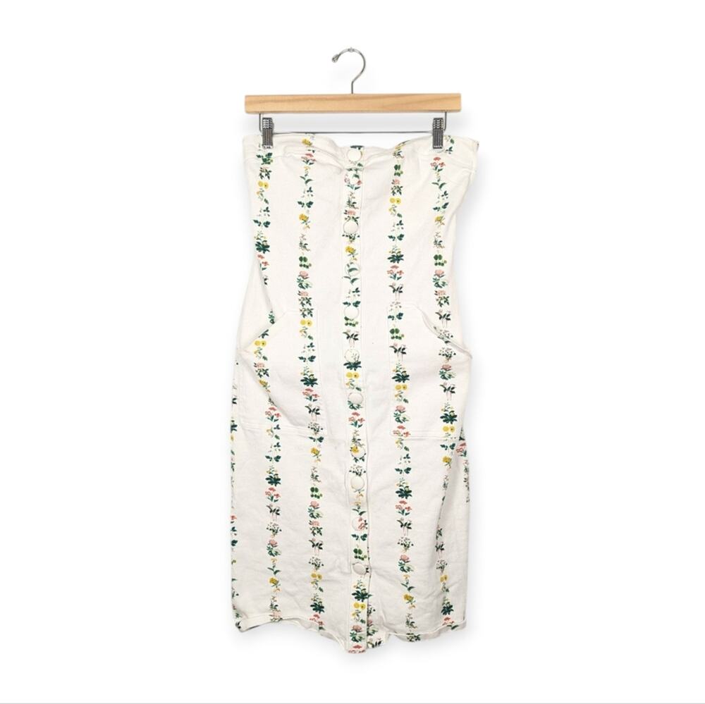 Adam Lippes Women's Dress White Floral Stripe Strapless Midi Dress Size 14
